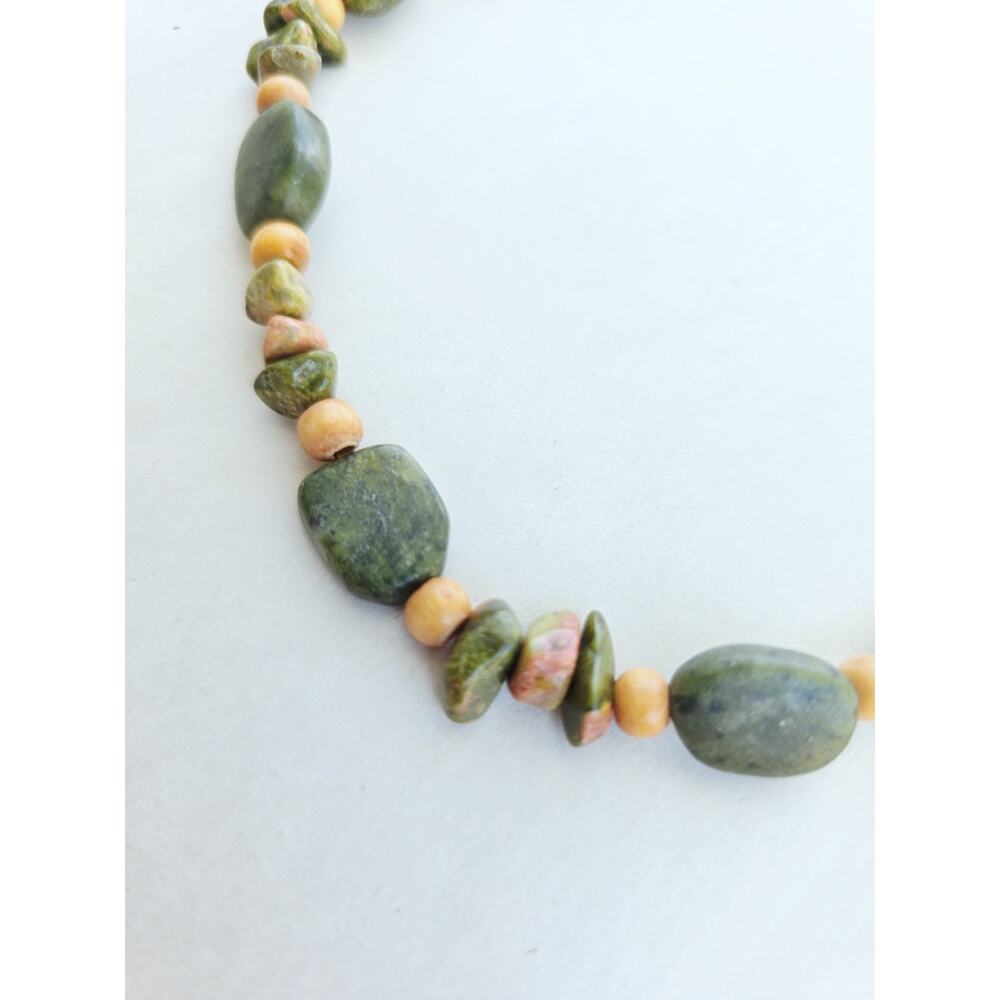 Handmade Gem Stone Beaded Artisan Necklace Nephrite & Unakite Green Choker Boho - Picture 9 of 10
